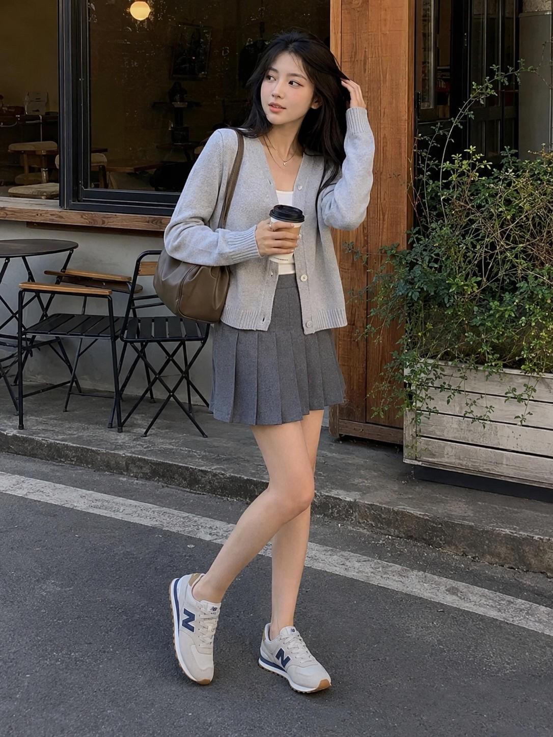 麻灰 V 领针织开衫 + 灰色百褶短裙| 清冷韩系学院风 OOTD